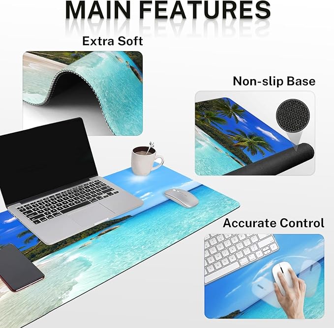 Arttown Tropical Sunshine Beach Desk Mat Summer Ocean Mouse Pad Set 4 in 1 Ergonomic Design Large Desk Pad + Keyboard Wrist Rest + Mouse Wrist Rest + Coaster Suitable for Home Office Study Game