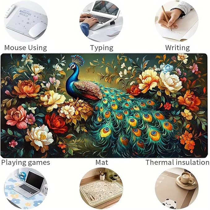 Large Mouse Pad Peacock Desk Mat Color Office Gaming Mouse Pad with Stitched Edges 24x16in Extended Mousepad with Non-Slip Waterproof Rubber Base for PC Laptop Desk Home Office Accessories a-1456