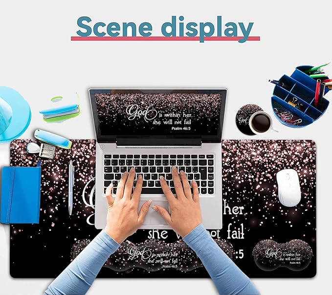 Large Mouse Pad with Wrist Support SetMemory Foam Keyboard Wrist Rest+Extended Gaming Mouse Pad+Ergonomic Mouse Wrist Rest Laptop Desk Writing Mat Psalm 46:5 Rose Gold Glitter Black Office Desk Pad