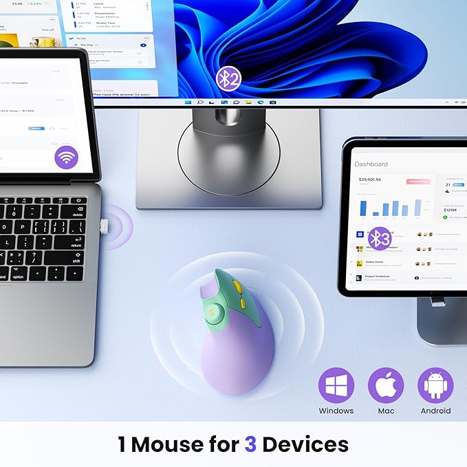 seenda Ergonomic Mouse Rechargeable USB+Dual Bluetooth MOU-302 Vertical Wireless Mouse with Volume Knob Quiet Clicks Multi-Device Cordless Mice Compatible for Windows PC Laptop Mac OS