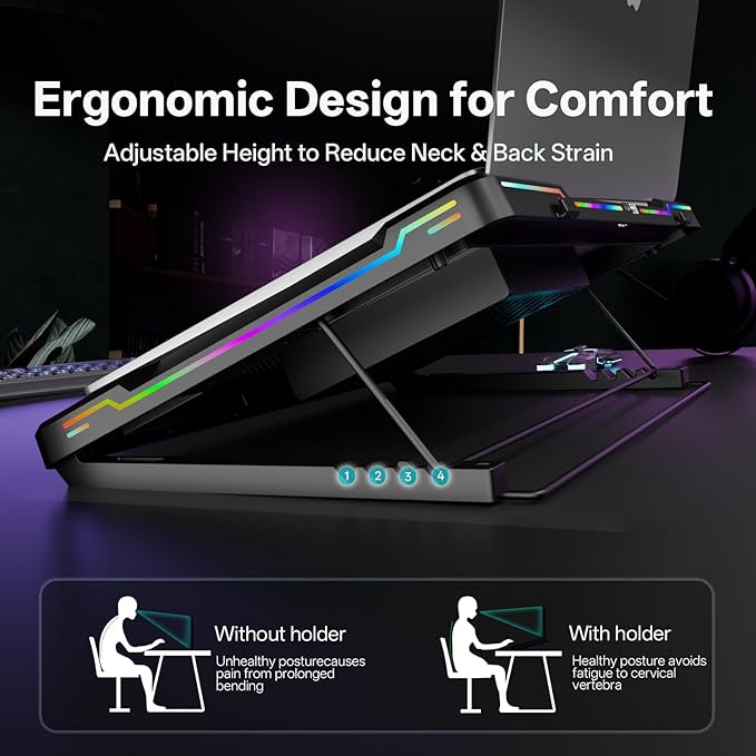 DEPGI Movable RGB Laptop Cooler with 5.5 Sliding Fan Ergonomic Cooling Stand with 8 Light Modes for 14-17.3 Inch Gaming Laptops