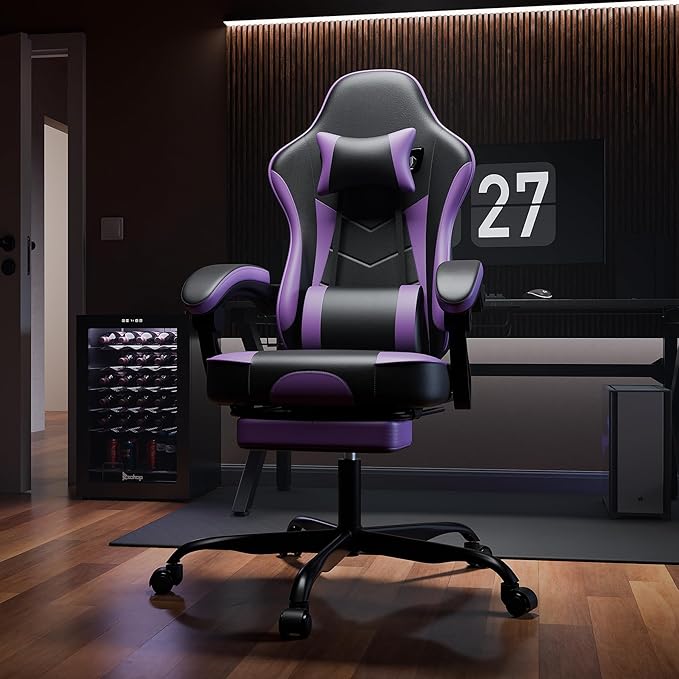 360° Swivel Gaming Chair for Adults with Pull-Out Footrest Ergonomic Video Game Chair with Headrest and Massage Lumbar Support Height Adjustable Computer Chairs for Office or Gaming Black+Purple