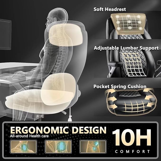 700LBS Large Heavy Duty Office Chair with 5D Flip Arms Comfy Big and Tall Executive Office Desk Chair with Pocket Spring Cushion High Back Computer Chair with Lumbar SupportDual Rubber Wheel