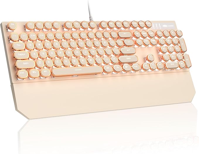 MageGee Typewriter Mechanical Gaming Keyboard Retro Punk Creamy Round Keycaps 104 Keys LED White Backlit Wired Keyboards for Laptop MAC PC Gamer with Magnetic Wrist Rest Blue Switch