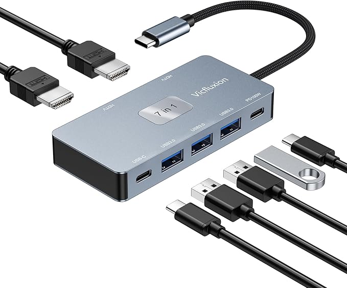 7-in-1 USB C Docking Station Dual Monitor USB-C Hub with 2 HDMI Ports 3 USB 3.0 1 Type-C Data Port 100W PD Compatible with MacBook Dell HP Lenovo Surface