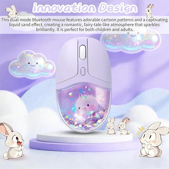 Wireless Bluetooth Mouse -Cute Clear Aqua Design Glitter Liquid Sand Water Mouse with Optical Precision Silent Clicks LED Breathing LightTransparent Retro Style for Home Office (Purple)