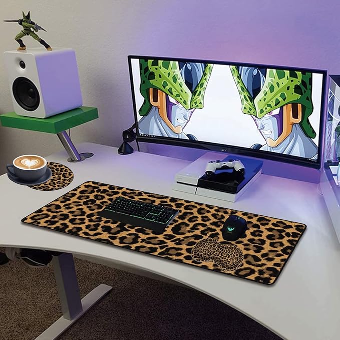 Extended Gaming Mouse Pad Desk Pad Keyboard Pad Mouse Wrist Rest and Coaster Anti-Slip Rubber Base Mouse Pad Suitable for Gaming and Office Leopard Print