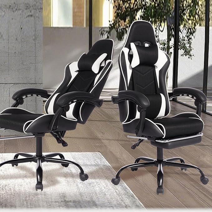 Video Game Chair with Footrest Leather Gaming Chairs with Adjustable Support Ergonomic Computer Chair for Adults (White+Black)
