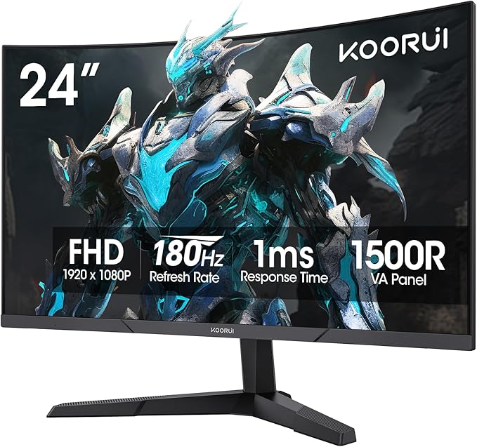 KOORUI 24 inch Curved Gaming Monitor 180Hz FHD 1080P Computer Monitor 1ms 1500R Display Adaptive Sync FreeSync Premium HDMI 2.0X2 &amp DP 1.2 VESA Tilt 24E6CA