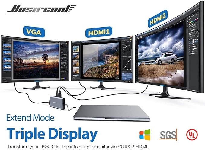 Hiearcool USB-C Docking Station for Laptop Triple Display Dock with 4K HDMI &amp 1080p VGA 11-in-1 USB-C Dock with Ethernet 100W Charging for Home Office