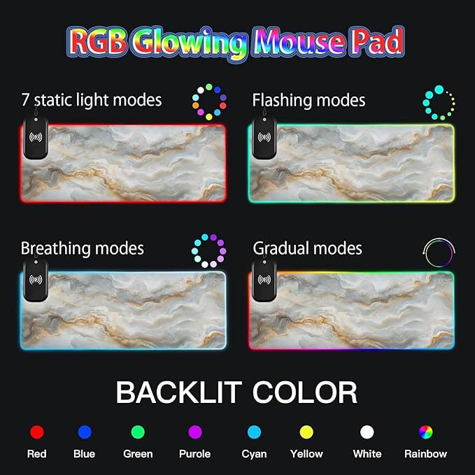 White Marble Gaming Mouse Pad Led Mousepads RGB Backlit with 14 Lighting Modes Non Slip Base Soft Computer Keyboard Mat for Gaming PC Laptop Desk M