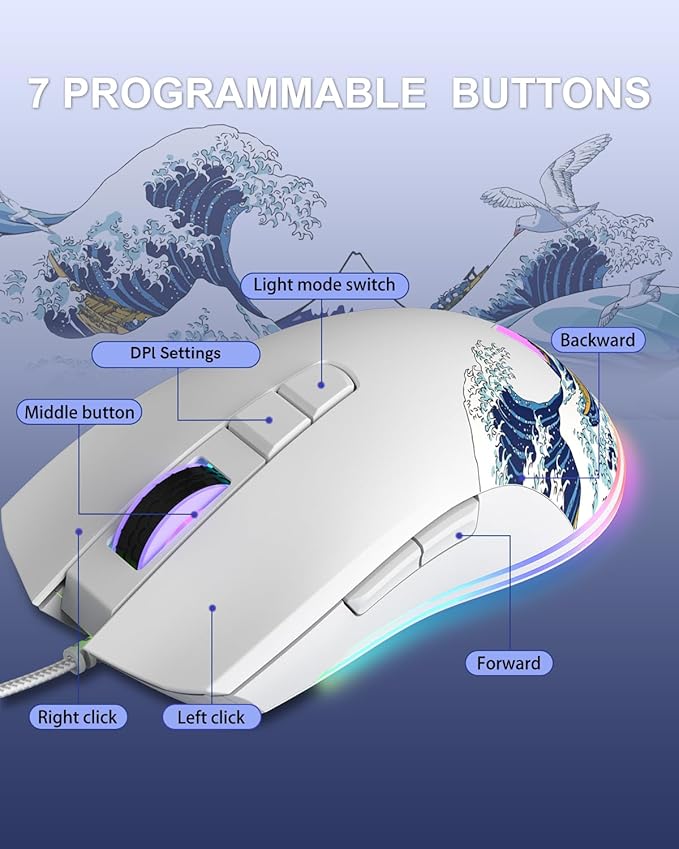 COSTOM Womier G705 USB Wired Gaming Mouse for PC Computer Windows Mac Laptop Lightweight Silent RGB Backlit Mouse with Adjustable 12000DPI/7 Programmable Side ButtonsWhite Kanagawa Theme