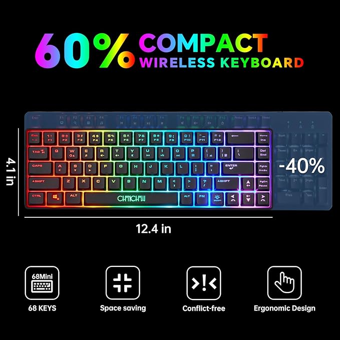 CHONCHOW 60% Wireless Gaming Keyboard and Mouse ComboLED Backlit Rechargeable 2000mAh Battery Portable 68 Keys Waterproof Small Compact Keyboard Mice for PC/Mac Gamer(Wireless)