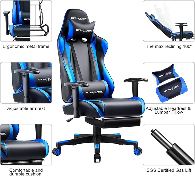 GTPLAYER Gaming Chair with Footrest Ergonomic Computer Game Desk Chair Reclining Gamer Chair Seat Height Adjustment Swivel Rocker with Headrest and Lumbar (Blue)