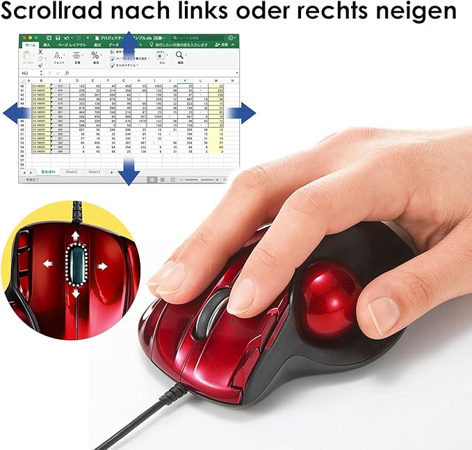 SANWA Wired Ergonomic Trackball Mouse Programmable Roller Ball Mice Tilt Scroll 400/800/1200/1600 DPI Computer trackball &amp Finger Rest Compatible with Mac Windows Laptop Chrome OS Red