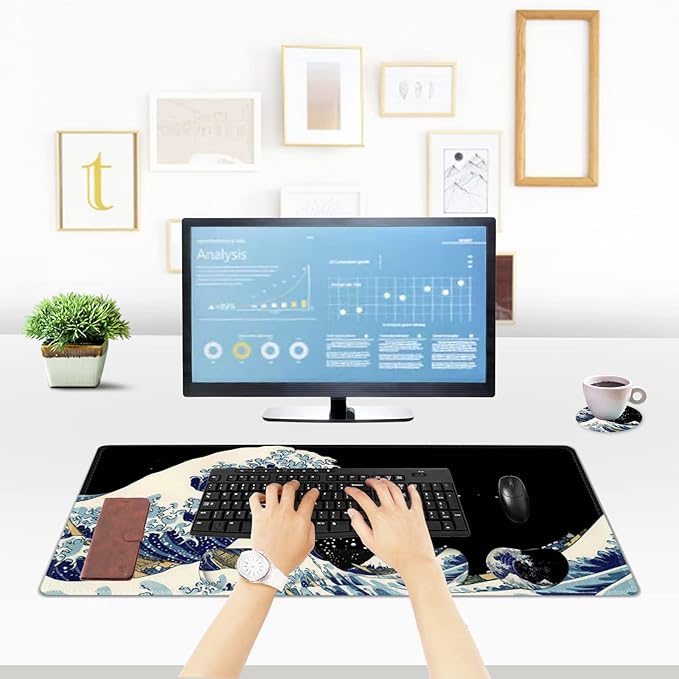 ToLuLu Extended Gaming Mouse Pad Memory Foam Ergonomic Keyboard Mouse Wrist Rest Support Set Large Desk Mat with Stitched Edges Non-Slip Base Mousepad for Home Office Game Study Wave of Kanagawa