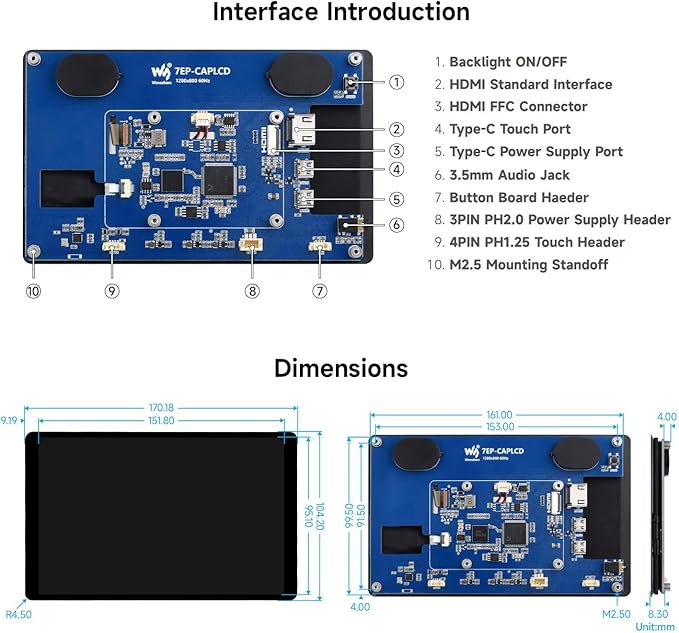 waveshare 7inch Wide Color Gamut Capacitive Touch Display Compatible with Raspberry Pi 5/4B/3B/Zero/Zero W/Zero 2W/Pico/Pico Supports Windows 11/10/8.1/8/7 and Jetson Nano/TX2/Xavier N/Orin