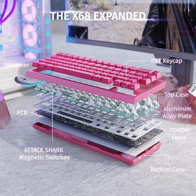 ATTACK SHARK X68 HE 8KHZ Rapid Trigger Keyboard Magnetic Switch0.01 mm RT AccuracyWired RGB 60% Gaming Keyboard TKL with Adjustable ActuationSnap TapCoiled Cablefor PC/Mac(Red)