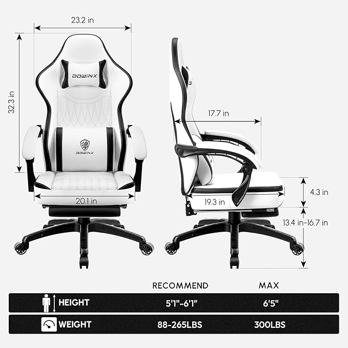 Dowinx LS-665TE7A Gaming Chair Breathable PU Leather Gamer Chair with Pocket Spring Cushion Ergonomic Computer Chair with Massage Lumbar SupportAdjustable Swivel Task Chair with Footrest