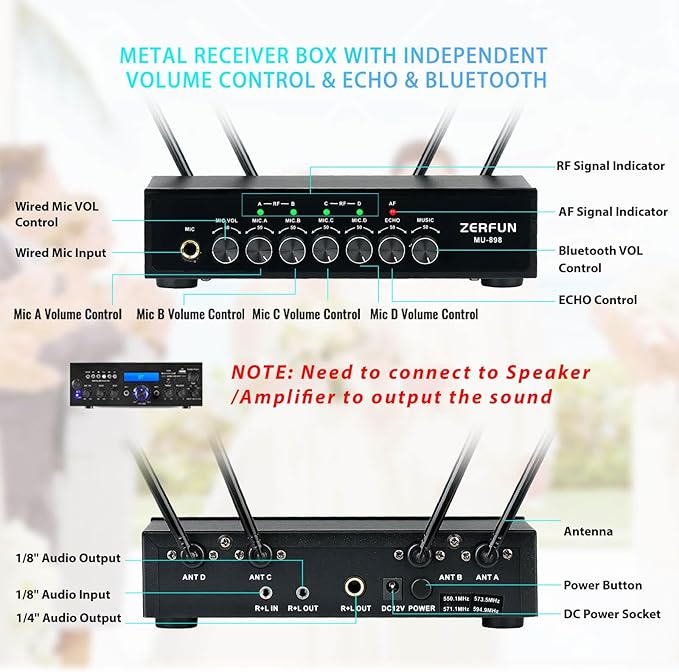 Rechargeable Wireless Microphone System 4 Channel Pro UHF Metal Handheld Wireless Mics Cordless for Church Karaoke Singing with Bluetooth Echo Volume Control 4x50 Frequency(MU-898)