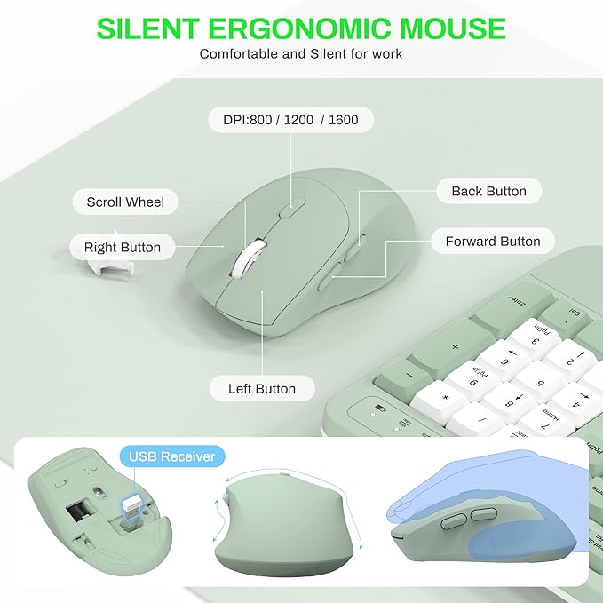Wireless Keyboard and Mouse Combo2.4G Full Size Wave Keys Ergonomic Keyboard with Wrist Rest for Natural Typing 3 DPI Adjustable Ergonomic Mouse for Computer/Laptop/Windows/Mac (Avocado Green-B)