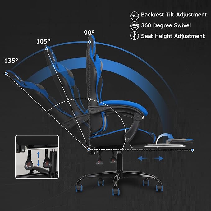 Gaming Chair with Linkage Armrest &amp Footrest High Back Video Gaming Chair Black/Blue