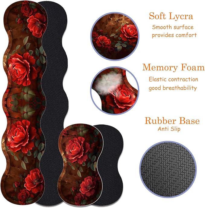 Large Gaming Mouse Pad + Keyboard Wrist Rest + Wrist Support + Coaster Set Memory Foam Ergonomic for Easy Typing XXL Extended Gaming Mouse Pad Table Pad - Red Rose
