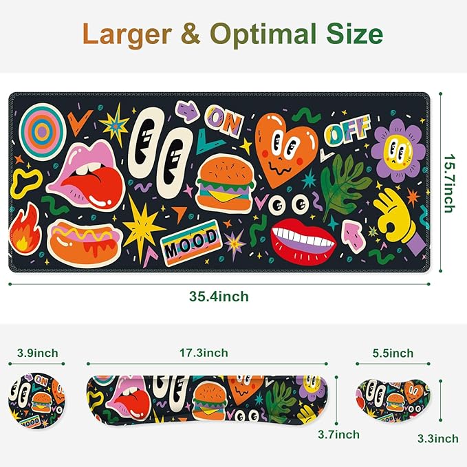 Large Gaming Mouse Pad Set 4 in 1 Extended Keyboard Desk Mat with Wrist Rest Computer Game Mousepad Non-Slip Desk Pad Protector Easy Typing Pain Relief for Home Office I Cartoon Heat Lips
