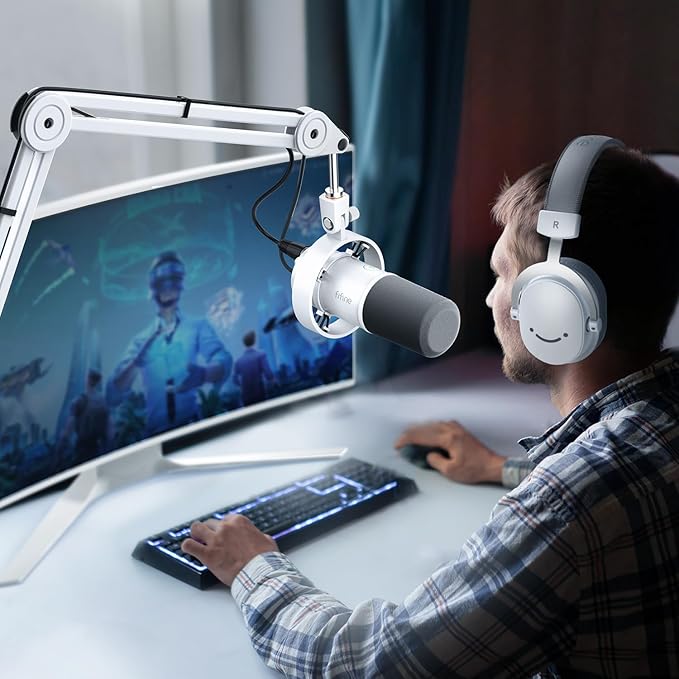FIFINE XLR Mic Set with Boom Arm Stand USB PC Podcast Microphone with Tap-to-Mute Gain Knob Headphones Jack for Streaming Recording Metal Heavy Duty Mic Stand (K688W+BM63W)