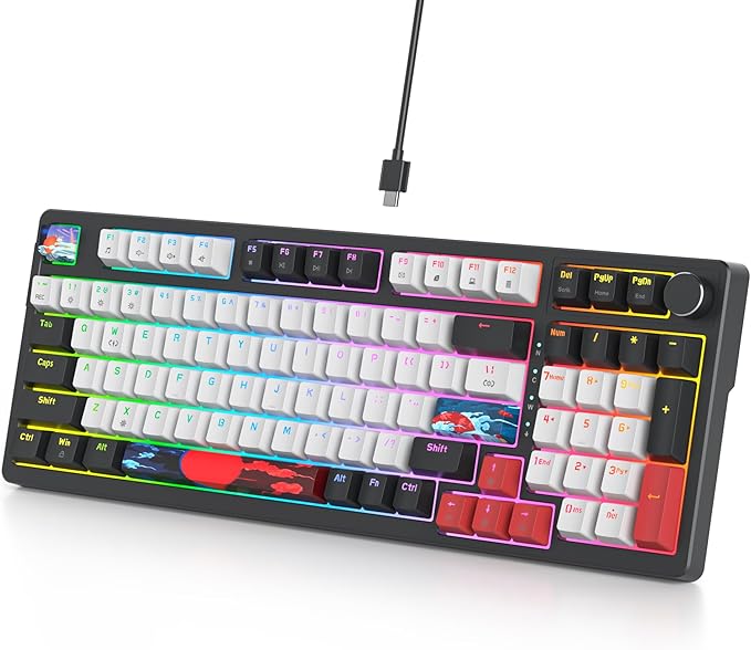 Wired Creamy Gaming Keyboard with Number Pad 96% Hot-swappable Mechanical Keyboard Full Layout Custom Keyboard Gasket Mounted with Red Switch Knob Control(White)