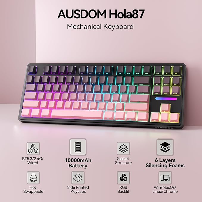 AUSDOM H87 Wireless Mechanical Gaming Keyboard: 10000mAh Battery 2.4G/BT5.3/USB-C Hot Swappable Custom Keyboard with RGB Backlit Side Printed PBT Keycaps 15-Layer Gasket Structure Black Pink