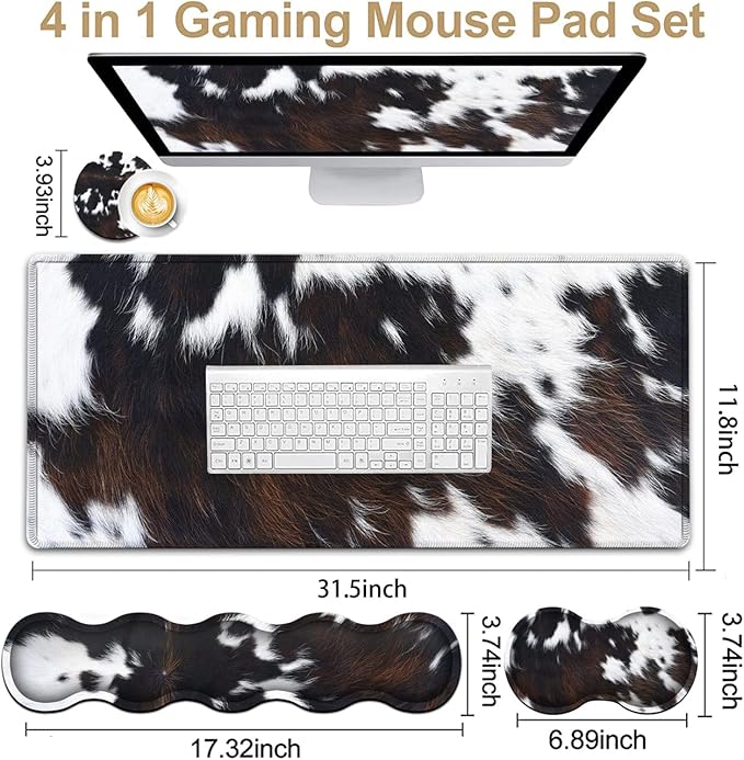 JVGFYNKL Gaming Mouse Pad XXL Large Desk Cute Black Cowhide Extended Mousepad Ergonomic Memory Foam Keyboard Wrist Rest Stitched Edges Desk Pad(31.5x11.8 in) Extended Large Mousepads Wrist Rest Set
