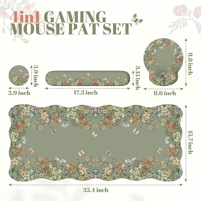 iCasso Desk Mat SetLarge Mouse Pad with Wrist RestErgonomic Keyboard Wrist Support for WomenGirly Floral Computer Mat with Scalloped EdgesNon-Slip Desk Pad Home Office Gaming (Green)