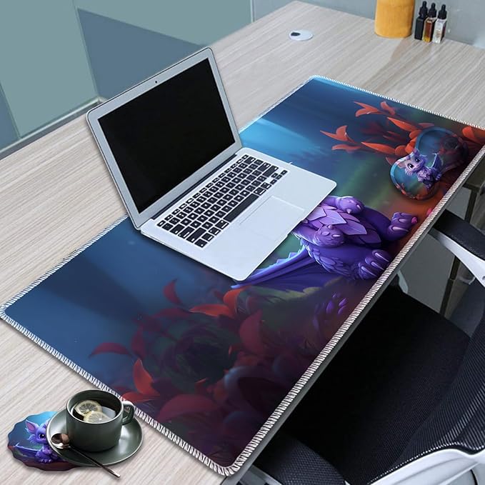 Large Game Mouse Pad + Wrist Support Pad + Coffee Coaster Desk Pad with Sewn Edges Anti-Slip Set pad Suitable for Office Work and Home - Purple Dragon