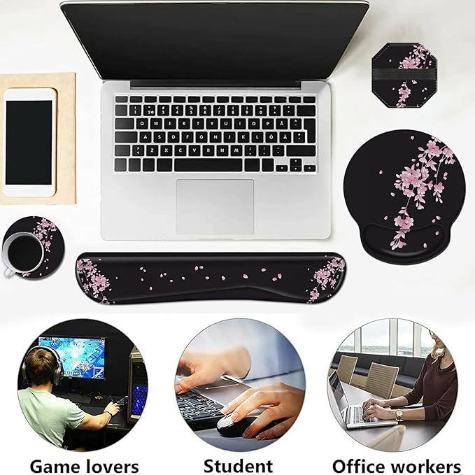 Wrist Rests for Keyboard and Mouse Support Gel Pad + Screen Cleaning Pad + Coaster Cloth Wipes for Laptop/Computer Screen Ergonomic Memory Foam Mousepad for Gaming/Work Cherry Blossoms