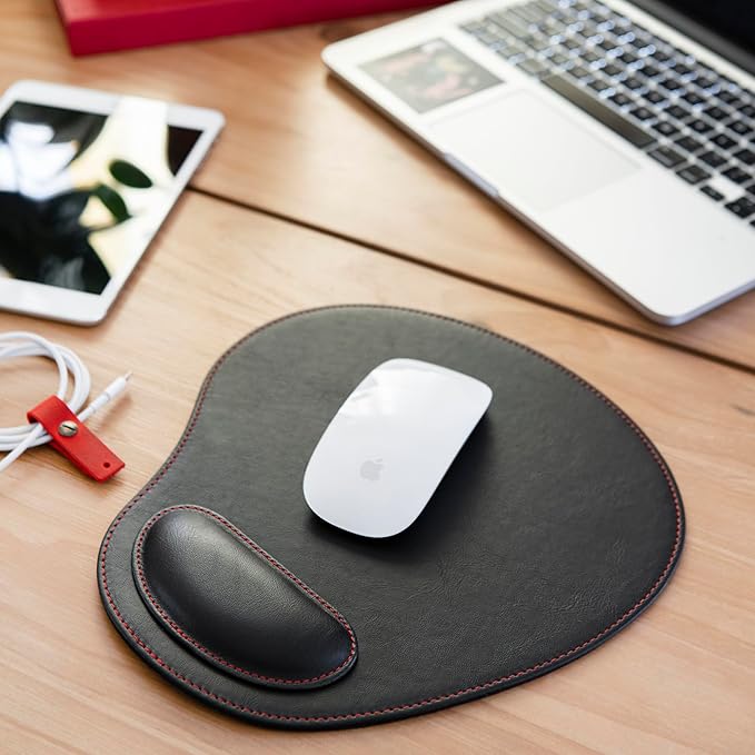 Londo PU Leather Oval Shape Non-Slip Mousepad with Wrist Rest Support Waterproof Surface Comfort Memory Foam Light Ergonomic Design Mouse Pad for Laptop Desktop