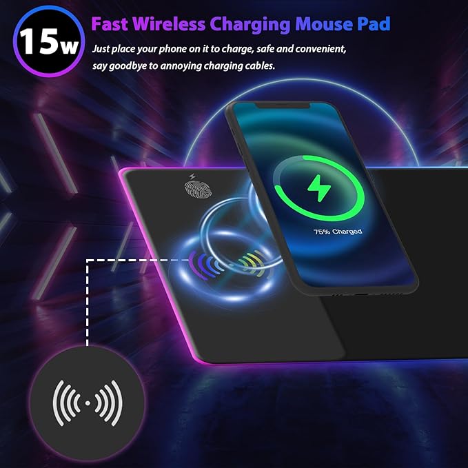 Wireless Charging RGB Mouse Pad Gaming LED Mousepad with 10 Light Modes Extra Large XXL Full Non-Slip Desk Pad Mat for Keyboard and Mouse Computer MacBook PC Laptop Acessories (800x300x4MM)