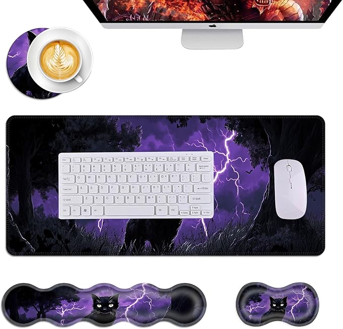 Mouse PadLarge Desk Mat Set 4in1 XL Mousepad + Keyboard Wrist Rest+Mouse Wrist Rest+Coaster with Ergonomic Desk Pad for Home Office Table Computer Cover -Cat in Purple Lightning Storm