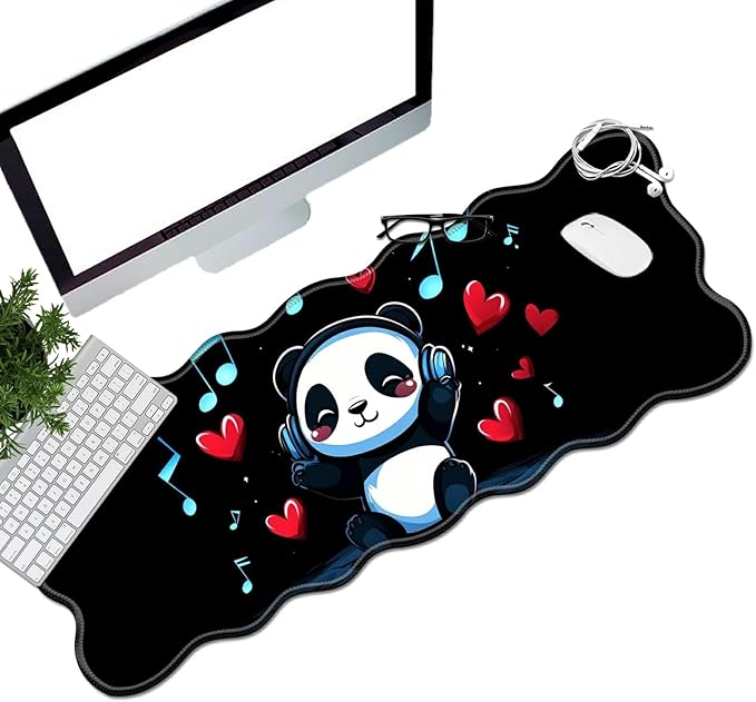 Panda Wearing Headphones Desk Mat Mouse Pad 31.5 x11.8 XL Extended Mousepad Huge Mouse Pads with Stitched Edges Desk Pad for Work Game Office Home