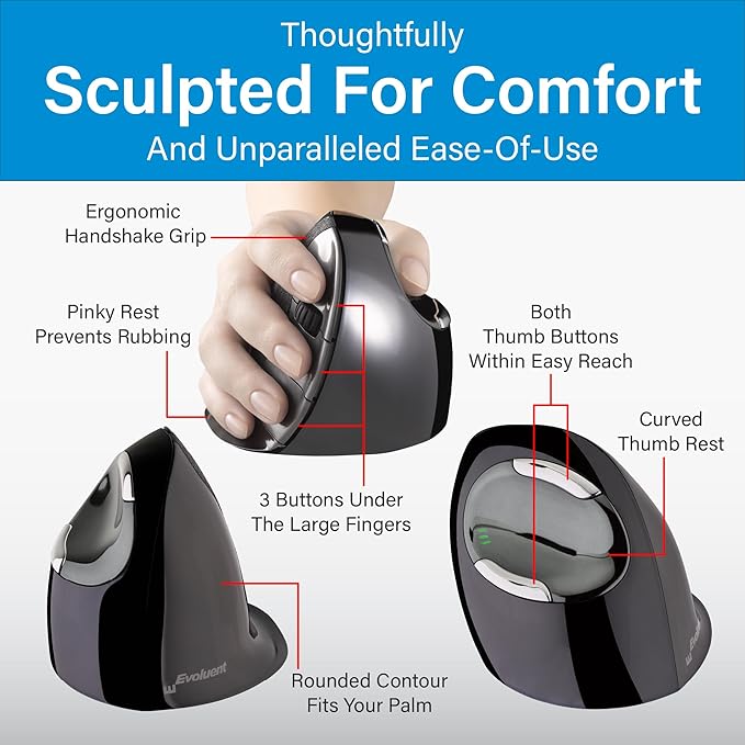 Evoluent – Inventor of The Vertical Mouse – VMDMW Ergonomic Vertical Mouse Right Hand Med USB Wireless Sculpted for Comfort Reduces Wrist Strain 4 Speeds 6 Customizable Buttons in Windows