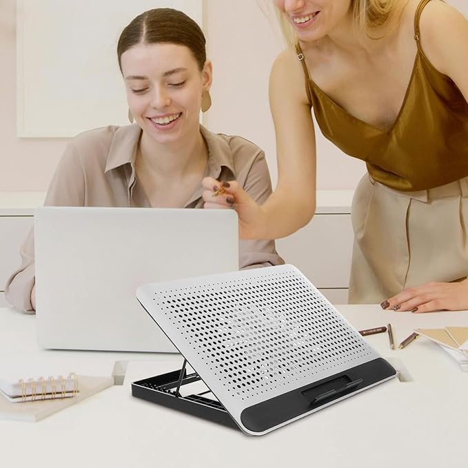 Aluminum Alloy Laptop Cooling Pad with Dual USB Ports Quiet Thin Notebook Cooler Stand for Laptops Up to Ergonomic Angles Skid-Resistant Computer Fan Support Frame in Silver