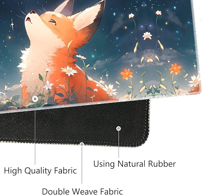 3-in-1 Large Mouse Pad Gaming Set (31.5 x 11.8 inch)+ Wrist Rest Pad + Coaster Memory Foam Gel Wrist Rest Pad for Pain Relief Stitched Edges Non-Slip Table Mat Red Fox Under The Stars