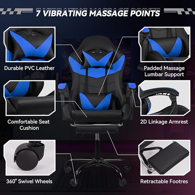 Gaming Chair Computer Chair with Footrest and Lumbar Support &amp LED Height Adjustable Game Chair with 360°-Swivel Seat and Headrest and for Office or Gaming (Black-Blue)