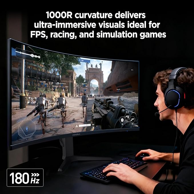 KOORUI 34-inch Curved Ultrawide WQHD 3440×1440 Gaming Monitor 180Hz 1000R- PIP/PBP 1ms(MPRT) HDR400 DCI-P3 95% FreeSync Premium 1 x DP 1.4 &amp 2 x HDMI 2.0 Tilt Height Swivel Adjustment 34E6