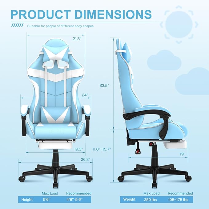 Soontrans Light Blue Gaming Chair with FootrestLovely Cute Bunny Computer Gamer ChairKawaii Desk Chair for GranddaughterSisterGirlfriendWife and Love