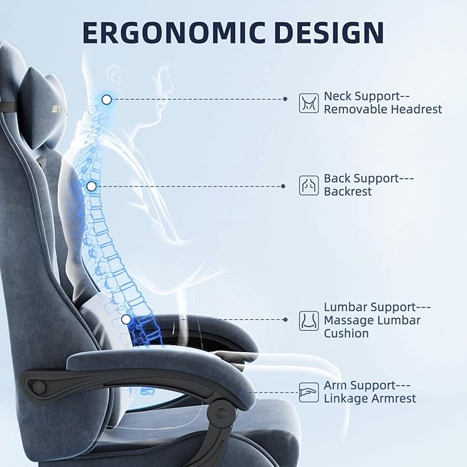 Ferghana Velvet Fabric Ergonomic Gaming Chair with Footrest and Massage Reclining Computer Gamer Chair for Adult and Teens Racing Style PC Home Office Video Game Chair (Grey)