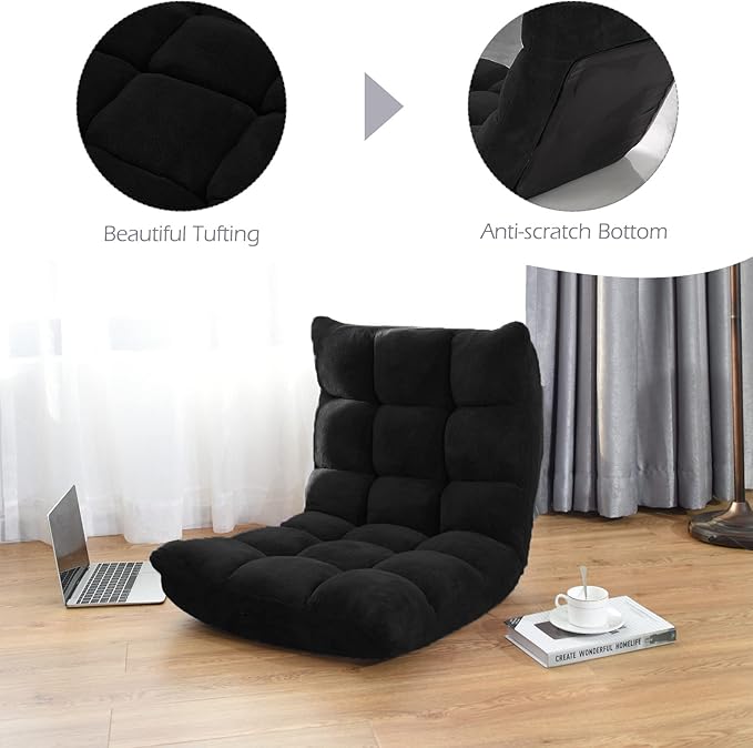 COSTWAY Adjustable Gaming Chair Video Gaming Chairs with Back Support Alloy Steel Frame Soft Coral Fleece Lazy Sofa Lounge for Reading Living Room Recliner for Adults Kids Black
