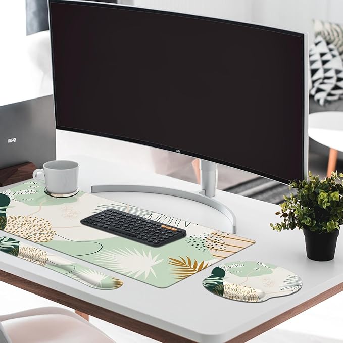 Britimes Green Boho Leaves Keyboard Mouse Pad Set 4in1 Large Mousepad+Keyboard Wrist Rest+Mouse Wrist Rest+Coaster Set with Ergonomic Design for Home Office Computer 35.4x15.7 inches