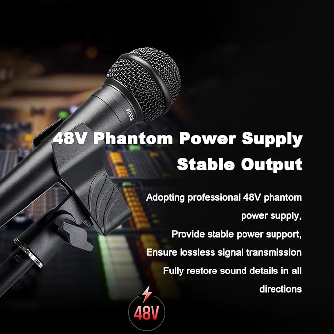 Handheld Condenser Microphone Professional Mic 48V Phantomes Power for Live Streaming Recording Performance Zinc Alloy Body with 300cm XLR Cable