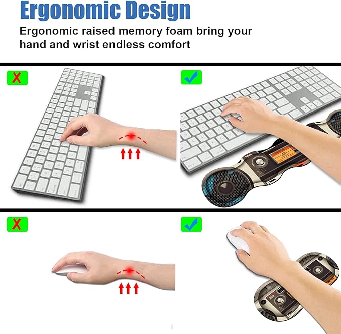4 in 1 Ergonomic Memory Foam Mouse Pad Wrist Rest Set Large XXL Gaming Desk Pad + Keyboard Wrist Rest + Mouse Wrist Cushion + Coaster for Home Office Study Gaming Vintage Tape Recorder